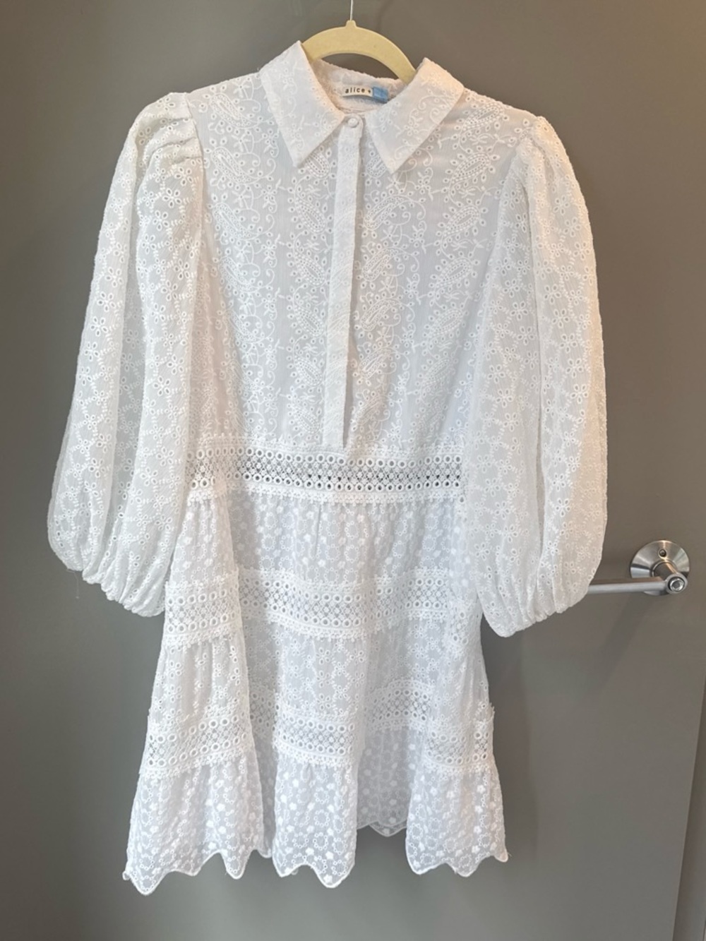 Alice + Olivia White Eyelet Puff-Sleeve Mini Dress with Collar